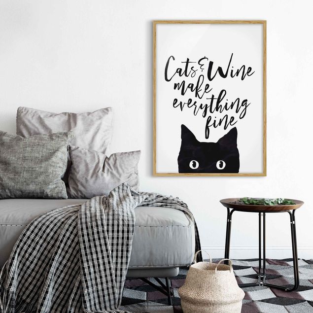 Tavlor med ram svart och vitt Cats And Wine make Everything Fine