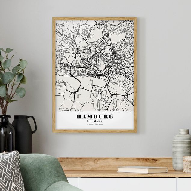 Tavlor med ram svart och vitt Hamburg City Map - Classic