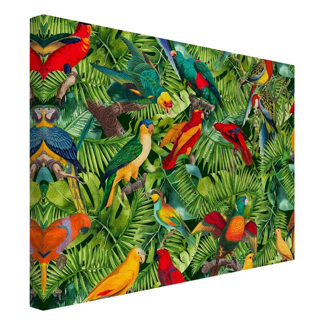 Canvastavlor blommor  Colourful Collage - Parrots In The Jungle