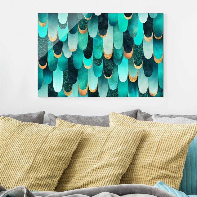 Magnettafel Glas Feathers Gold Turquoise