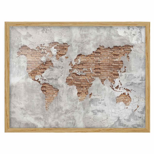 Tavlor världskartor Shabby Concrete Brick World Map