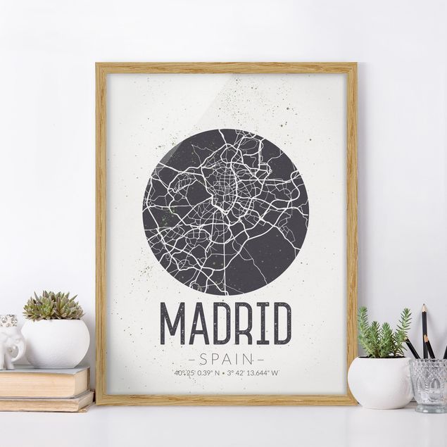 Tavlor med ram svart och vitt Madrid City Map - Retro