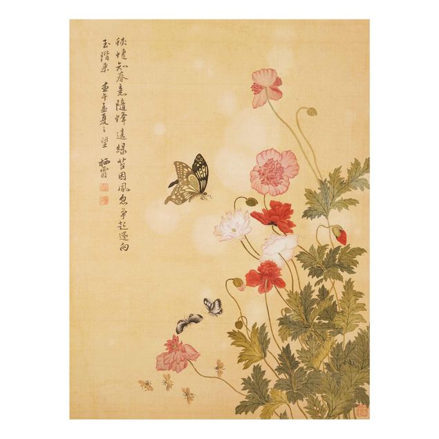 Tavlor fjärilar Yuanyu Ma - Poppy Flower And Butterfly