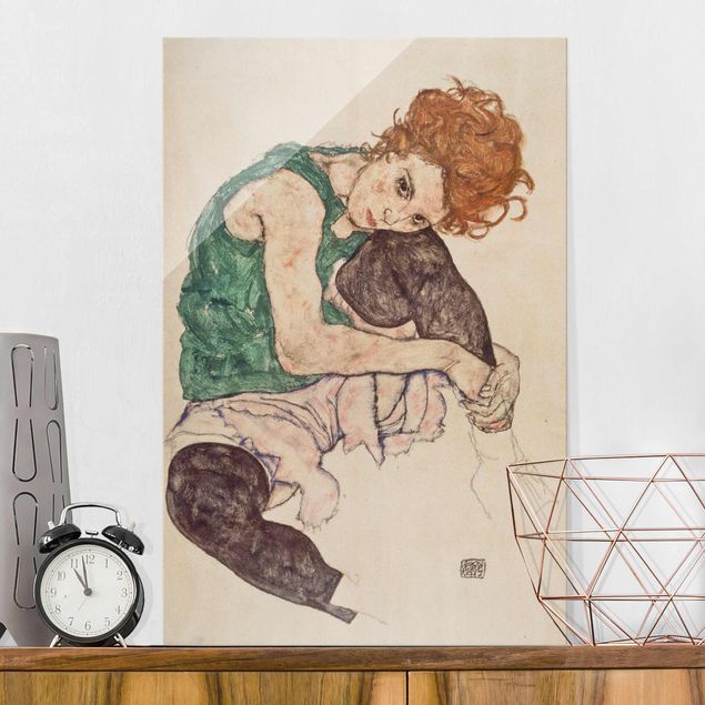 Tavlor grön Egon Schiele - Sitting Woman With A Knee Up