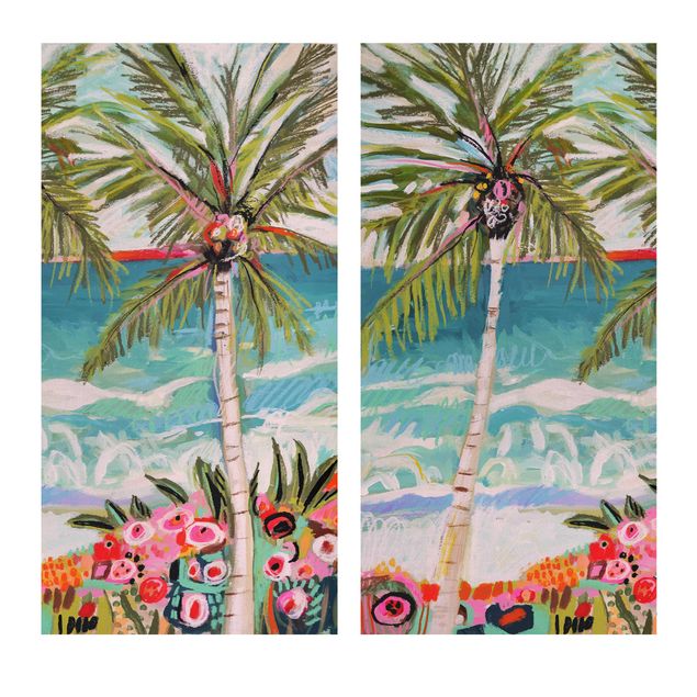 Tavlor modernt Palm Tree With Pink Flowers Set I
