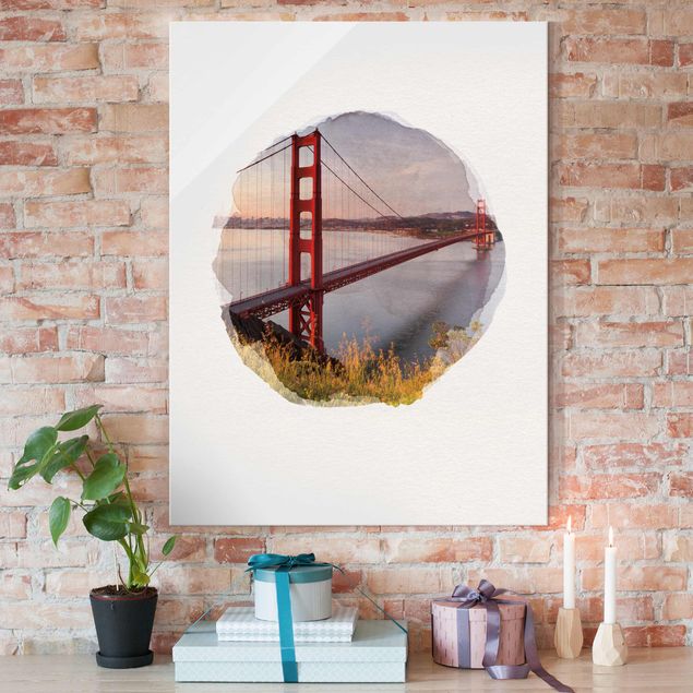 Glasbild - Wasserfarben - Golden Gate Bridge in San Francisco - Hochformat 4:3