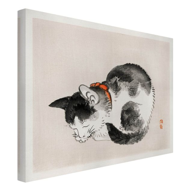 Canvastavlor svart och vitt Asian Vintage Drawing Sleeping Cat