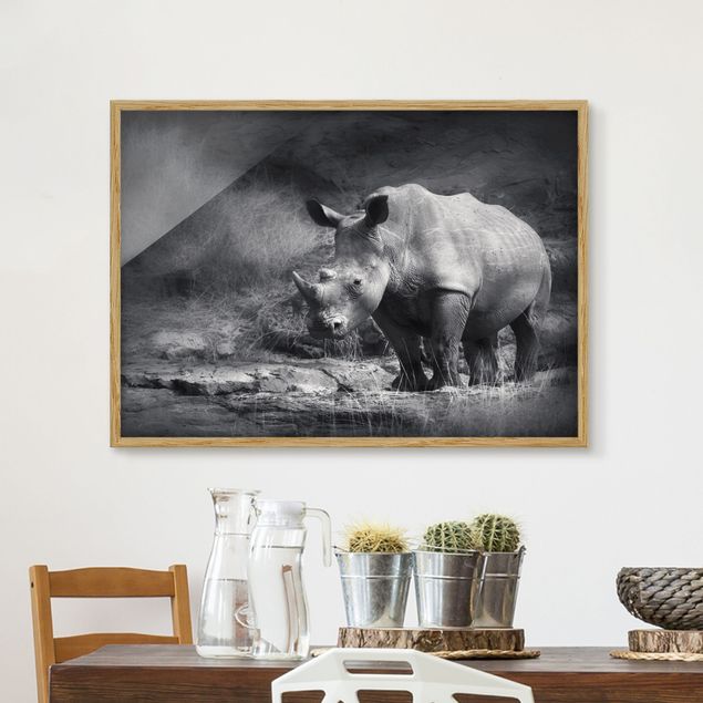 Tavlor med ram svart och vitt Lonesome Rhinoceros
