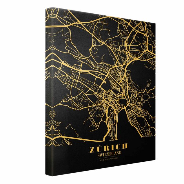 Canvastavlor Zurich City Map - Classic Black