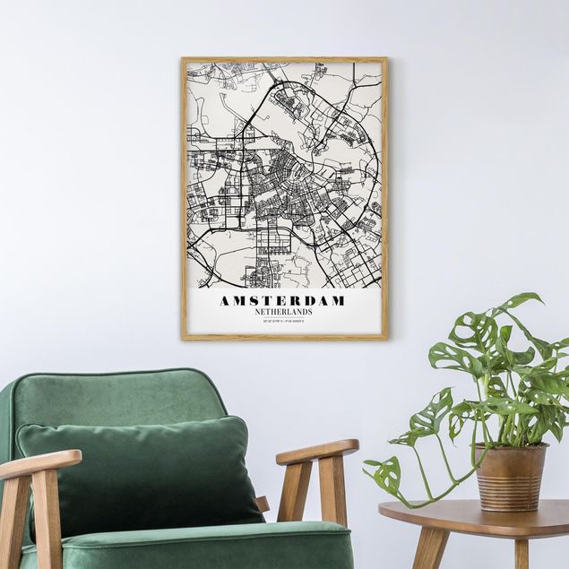 Tavlor med ram svart och vitt Amsterdam City Map - Classic