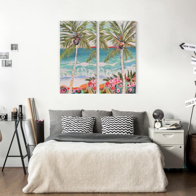 Canvastavlor landskap Palm Tree With Pink Flowers Set I