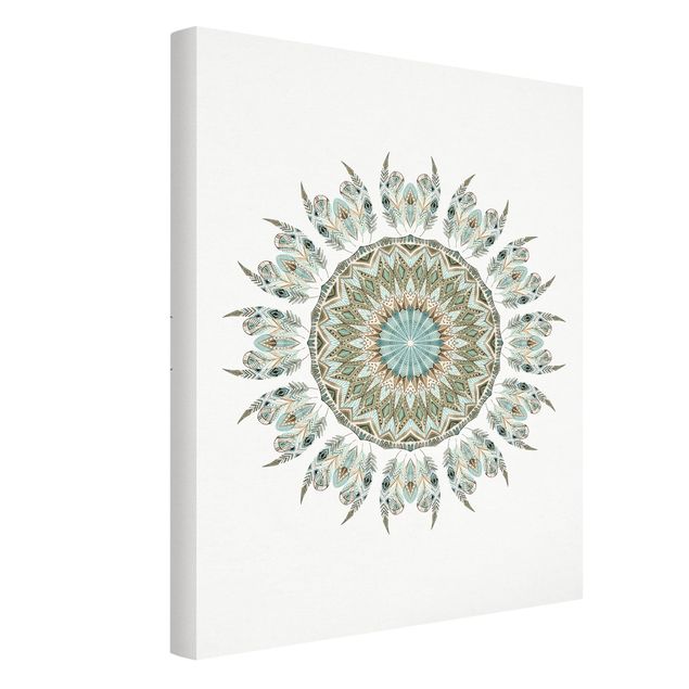 Canvastavlor andlig Mandala WaterColours Feathers Hand Painted Blue Green
