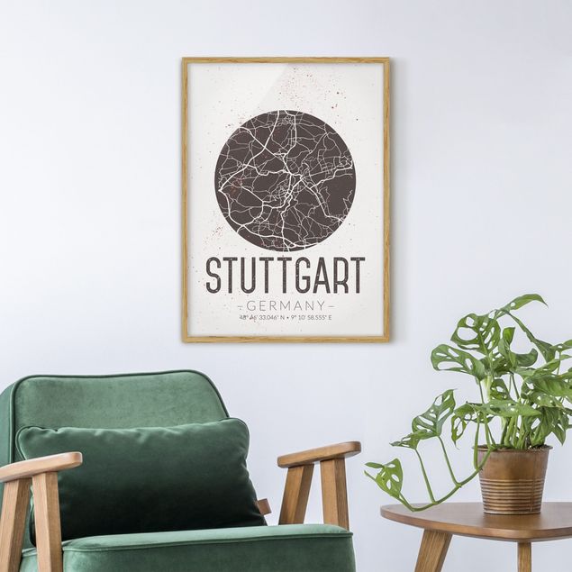 Tavlor med ram svart och vitt Stuttgart City Map - Retro