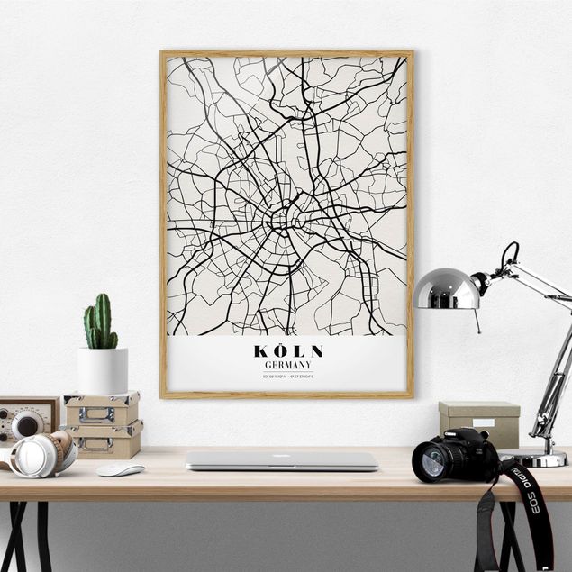 Tavlor med ram svart och vitt Cologne City Map - Classic