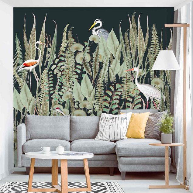 Kök dekoration Flamingo And Stork With Plants On Green