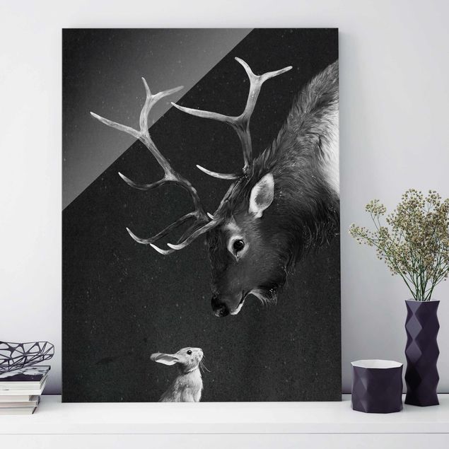 Tavlor svart och vitt Illustration Deer And Rabbit Black And White Drawing