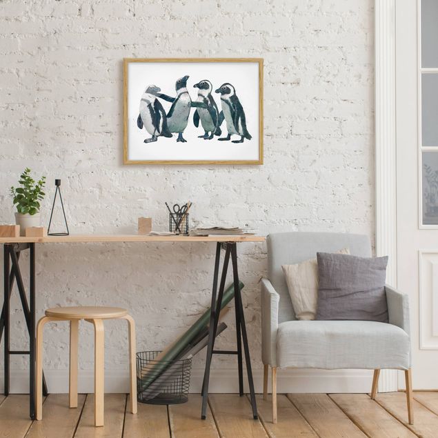 Tavlor med ram vintage Illustration Penguins Black And White Watercolour