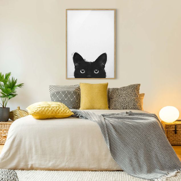 Tavlor med ram svart och vitt Illustration Black Cat On White Painting