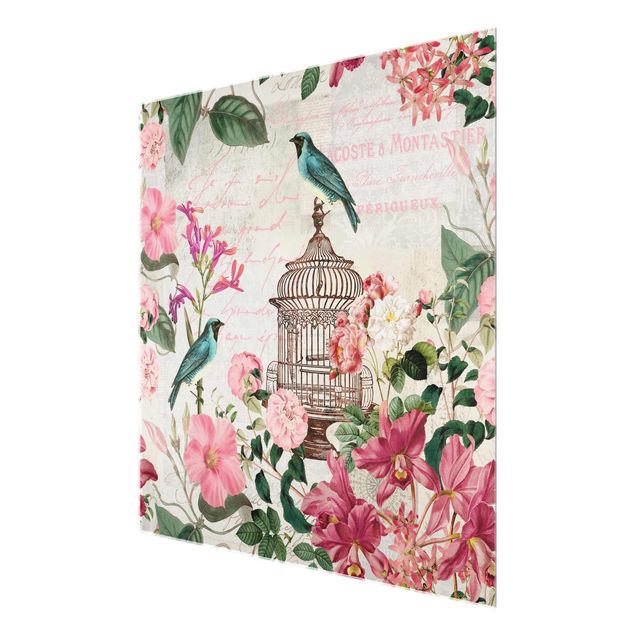 Tavlor rosa Shabby Chic Collage - Pink Flowers And Blue Birds