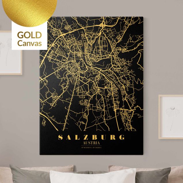 Canvastavlor världskartor Salzburg City Map - Classic Black