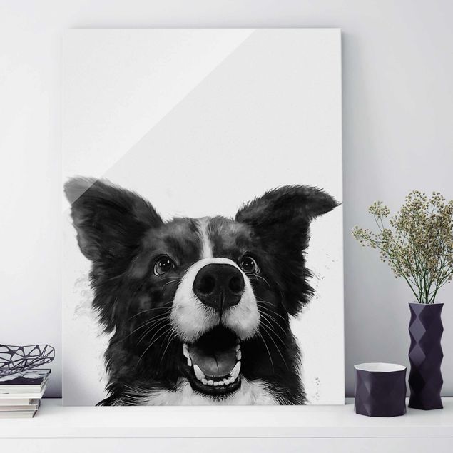 Tavlor Illustration Dog Border Collie Black And White Painting