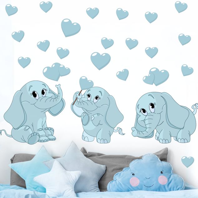 Wallstickers elefanter Three blue elephant babies with hearts