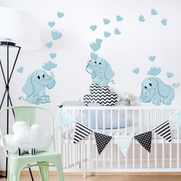 Wallstickers djur Three blue elephant babies with hearts