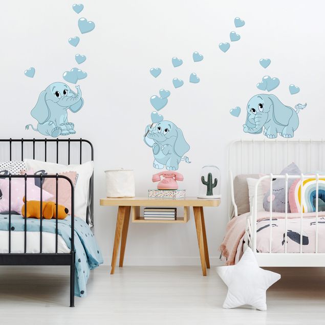 Wallstickers kära Three blue elephant babies with hearts