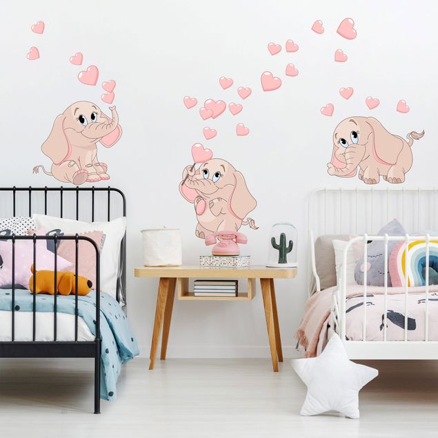Autocolantes de parede animais Three pink elephant babies with hearts