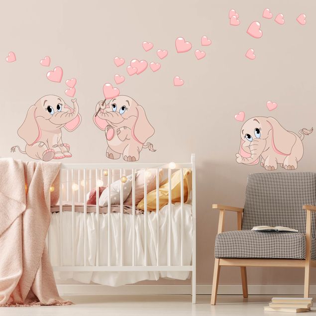 Autocolantes de parede amor Three pink elephant babies with hearts