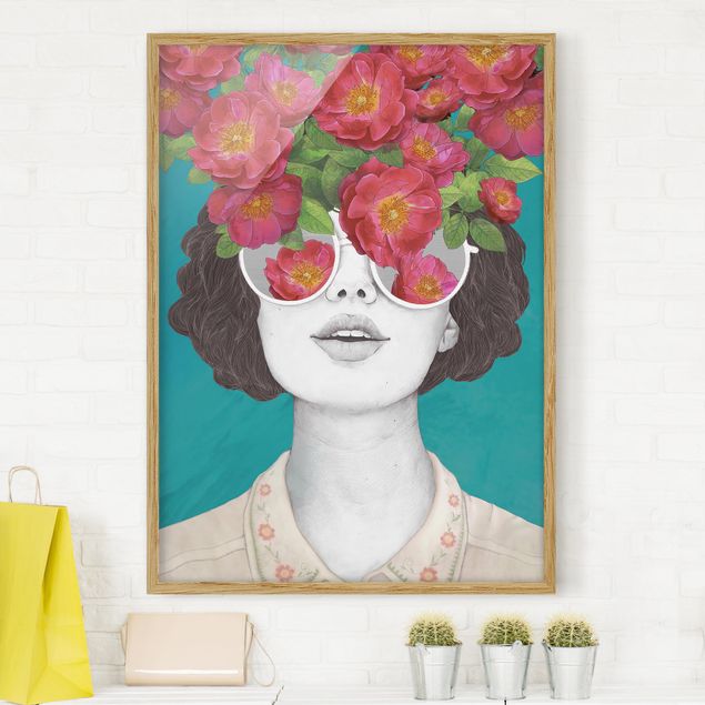 Kök dekoration Illustration Portrait Woman Collage With Flowers Glasses