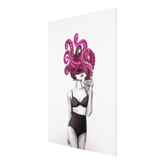 Glastavlor svart och vitt Illustration Woman In Underwear Black And White Octopus