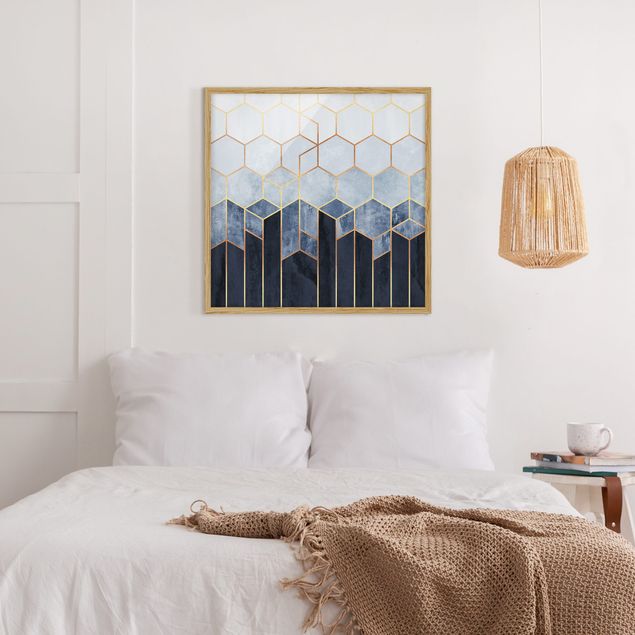 Tavlor med ram abstrakt Golden Hexagons Blue White