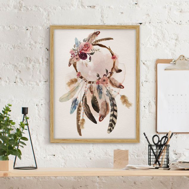Tavlor fjädrar Dream Catcher With Roses And Feathers