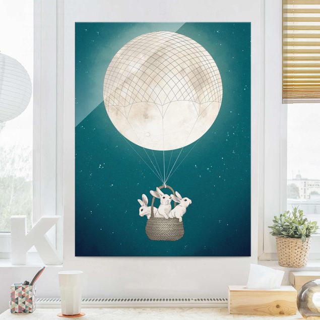 Glas Magnetboard Illustration Rabbits Moon As Hot-Air Balloon Starry Sky