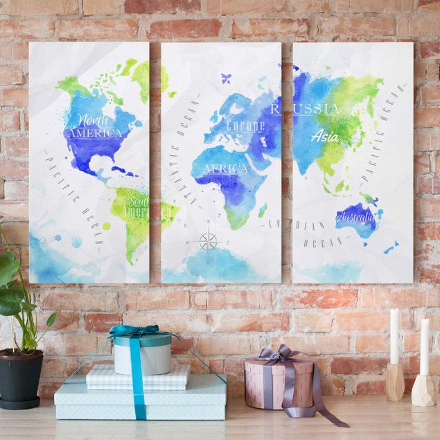 Canvastavlor Arkitektur och Skyline World Map Watercolour Blue Green
