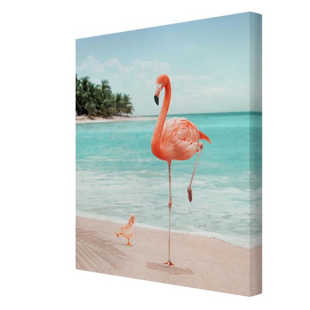 Canvastavlor blommor  Beach With Flamingo