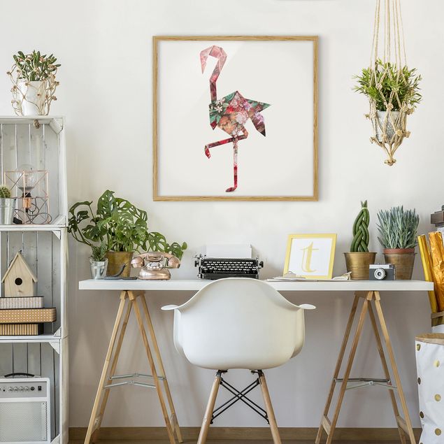 Tavlor med ram konstutskrifter Origami Flamingo