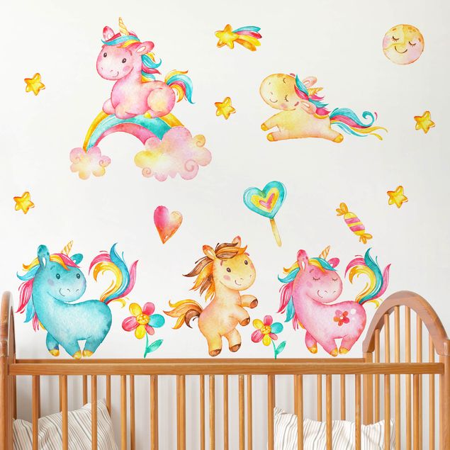 Wallstickers enhörningar Unicorn watercolor nursery set