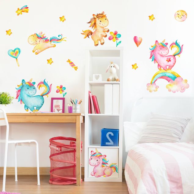 Wallstickers djur Unicorn watercolor nursery set