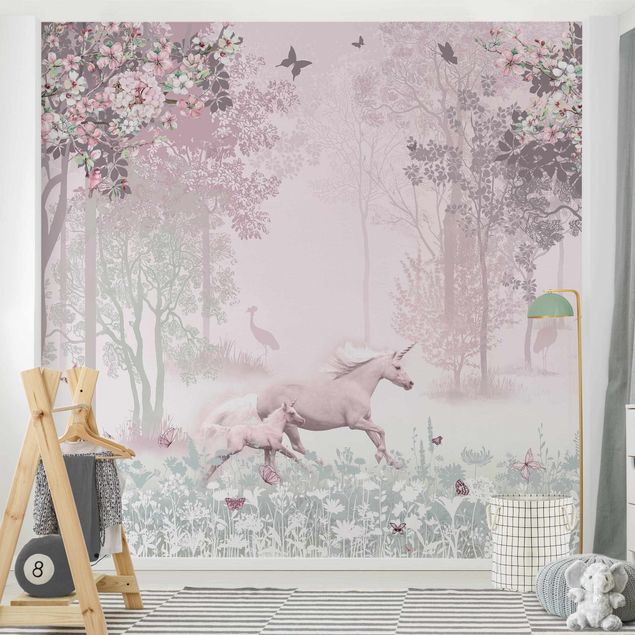 Inredning av barnrum Unicorn On Flowering Meadow In Pink