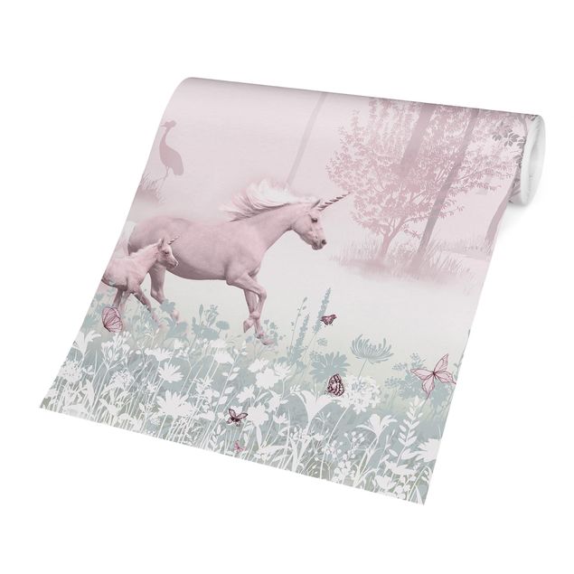 Fototapeter skogar Unicorn On Flowering Meadow In Pink
