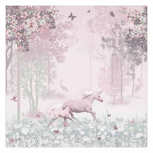 Fototapeter rosa Unicorn On Flowering Meadow In Pink