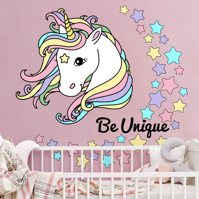 Inredning av barnrum Unicorn illustration Be unique pastel
