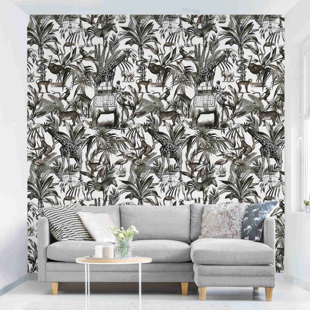 Fototapeter elefanter Elephants Giraffes Zebras And Tiger Black And White With Brown Tone
