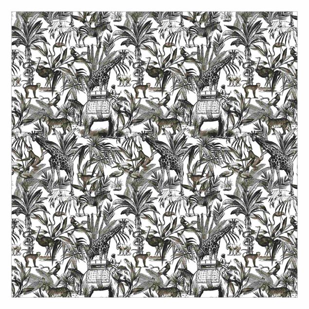 Mönstertapet Elephants Giraffes Zebras And Tiger Black And White With Brown Tone