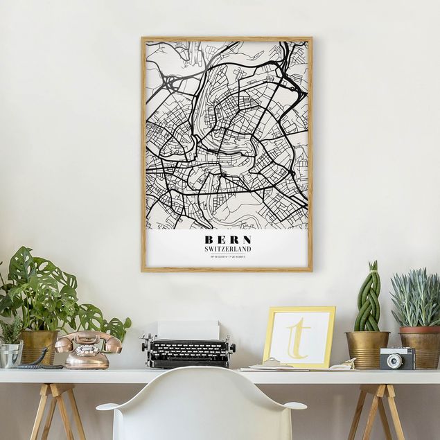 Tavlor med ram svart och vitt Bern City Map - Classical