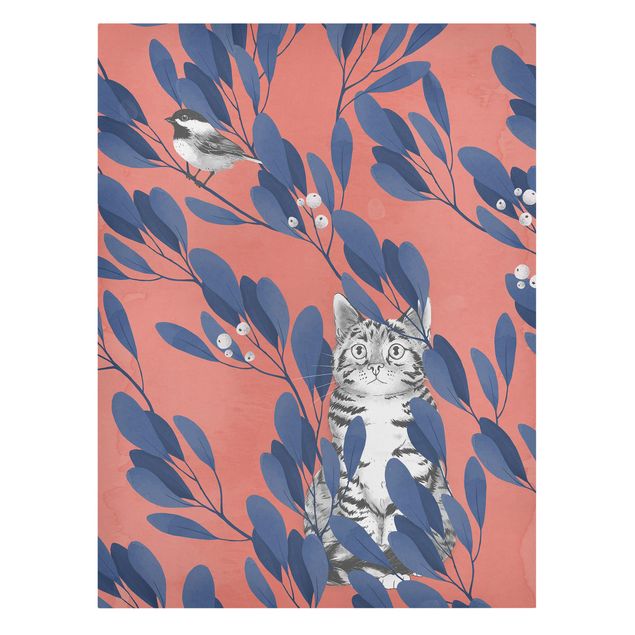 Canvastavlor fåglar Illustration Cat And Bird On Branch Blue Red