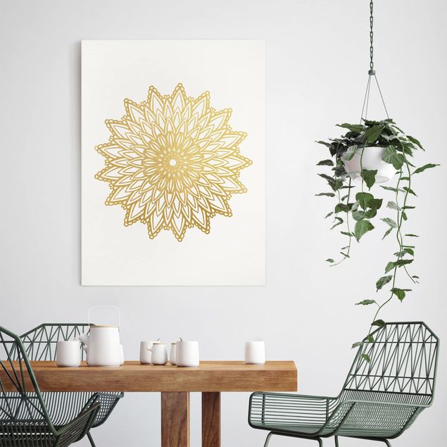 Canvastavlor mönster Mandala Sun Illustration White Gold