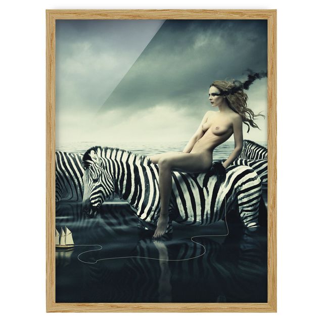 Tavlor med ram djur Woman Posing With Zebras